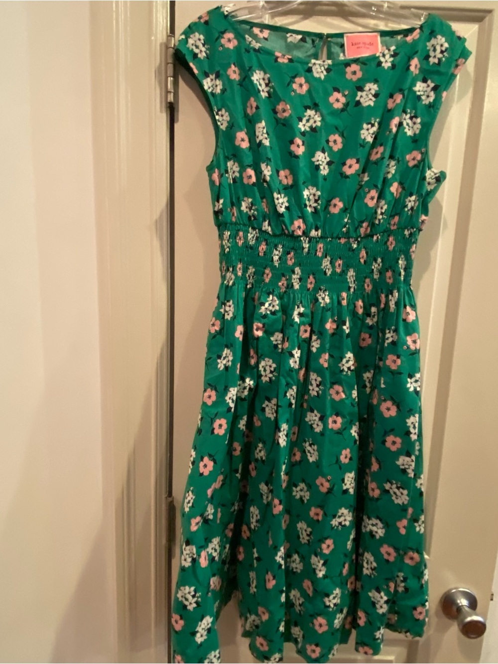 NWOT Kate Spade L Women’s Dress Green pink white Floral with Smocked Waist
